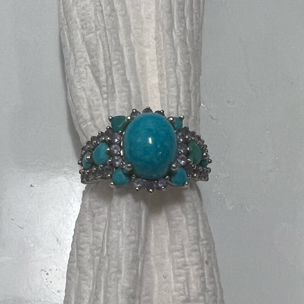 ESTATE SOLID PLUMB 14K WHITE GOLD W TURQUOISE, DIAMOND COCKTAIL RING S 8 EUC - Picture 3 of 8